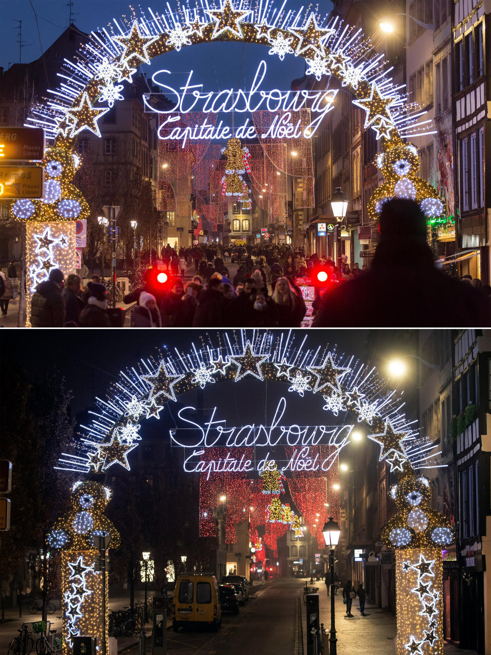 This combination image shows a file photo dated Tuesday, Dec. 20, 2016, of the traditional Market in Strasbourg, France, top, and the square on Friday, Nov. 27, 2020, below. Christmas markets, a cherished tradition in Germany and neighboring countries, have joined the long list of institutions canceled or diminished because of the coronavirus pandemic this year. (AP Photo/Jean-Francois Badias, file)