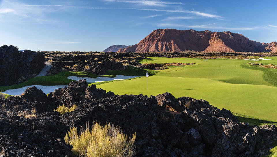 The Black Desert Resort that was built from an ancient black lava field near Zion National Park and is hosting a PGA Tour event in Utah for the first time since 1963 is shown in Ivins, Utah. (AP Photo/Black Desert Resort via AP)