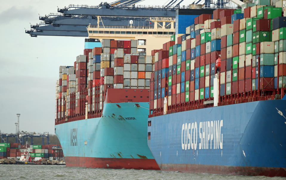 Containers are seen aboard the the CSCL Mercury at the Port of Felixstowe. Photo: Peter Cziborra/Reuters