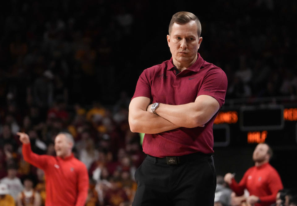 Iowa State head coach T.J. Otzelberger looks toward his bench during the first half of an NCAA college basketball game against Texas Tech, Saturday, Feb. 17, 2024, in Ames, Iowa. (AP Photo/Bryon Houlgrave)