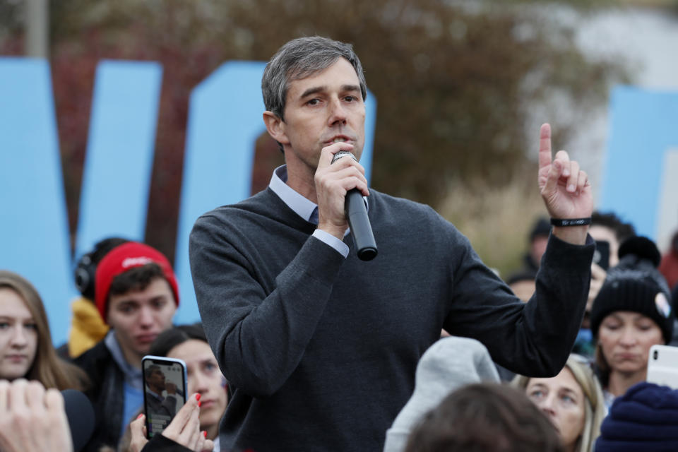 Democratic presidential candidate Beto O'Rourke speaks to supporters before the Iowa Democratic Party's Liberty and Justice Celebration, Friday, Nov. 1, 2019, in Des Moines, Iowa. O'Rourke told his supporters that he was ending his presidential campaign. (AP Photo/Charlie Neibergall)