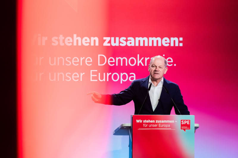 German Chancellor Olaf Scholz speaks at the Democracy Congress of the SPD and the Party of European Socialists (PES). Christoph Soeder/dpa