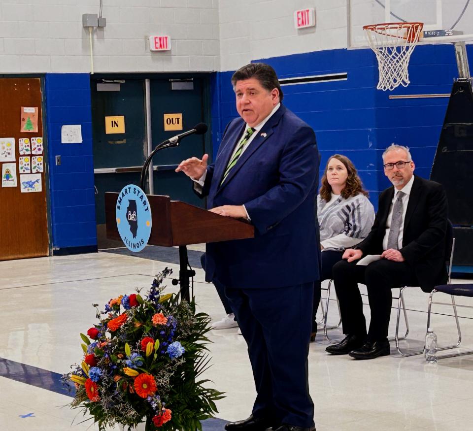 Gov. JB Pritzker touts the achievements of Smart Start Illinois, a state initiative aiming to provide universal preschool access by 2027, at Rochester Elementary School on Thursday, Jan. 18, 2024.
