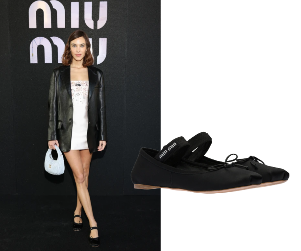 Left: Alexa Chung wears her signature petite style with Miu Miu's flat satin ballet flats. Right: The satin ballet flats on a white background