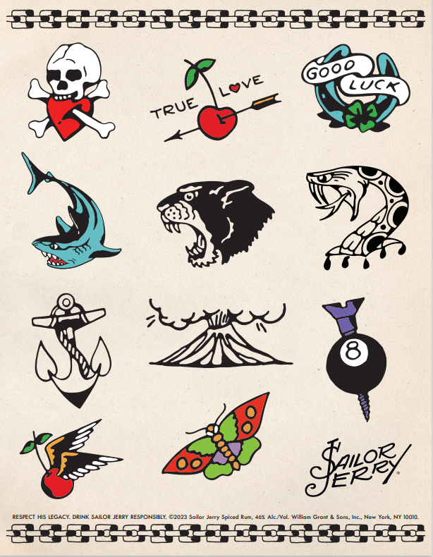 Christopher Waugh will be tattooing  Louder Than Life festival-goers for free at the Sailor Jerry booth. It's an opportunity to walk away with a piece of art, on this flash sheet, that embodies the Sailor Jerry spirit.