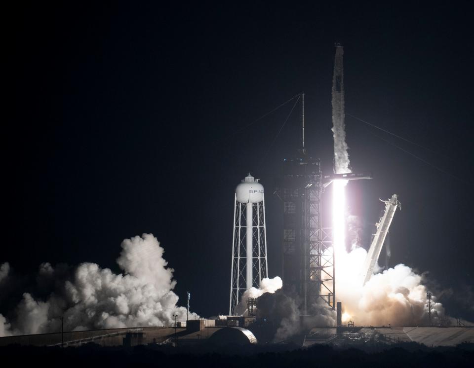 A SpaceX Falcon 9 rocket carrying NASA astronaut Kayla Barron at NASA’s Kennedy Space Center in Florida on Nov. 10.