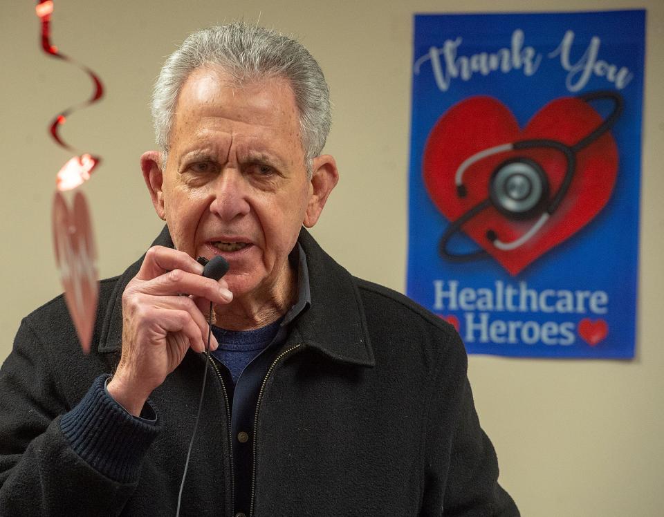 Philanthropist Gene Epstein acknowledges the work the nurses at Lower Bucks Hospital have done during the pandemic during an appreciation event on Thursday, March 24, 2022..