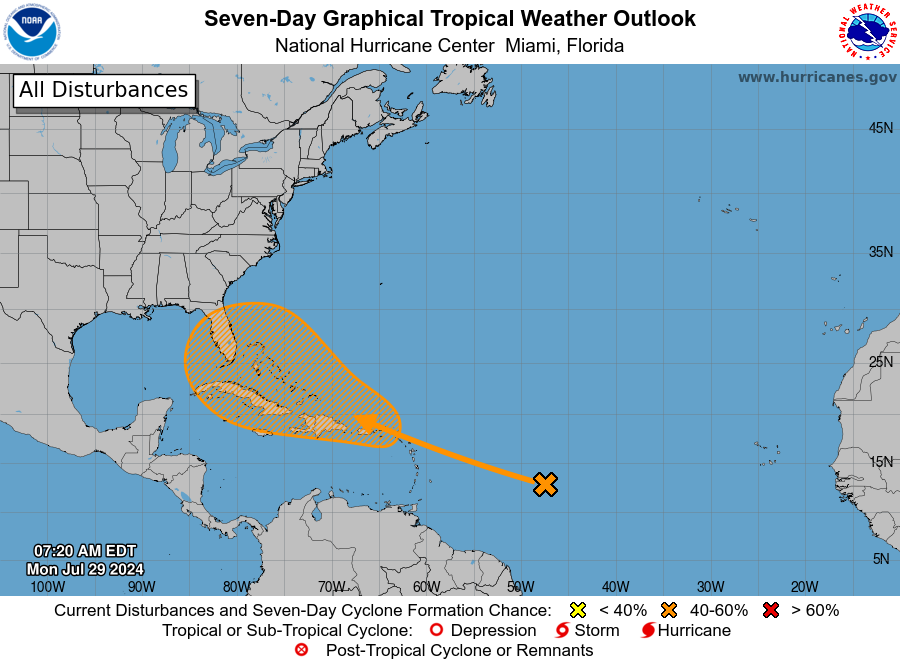 A tropical wave in the Atlantic (orange x) has a 50% chance for development this week, according to the latest advisory from the National Hurricane Center.
