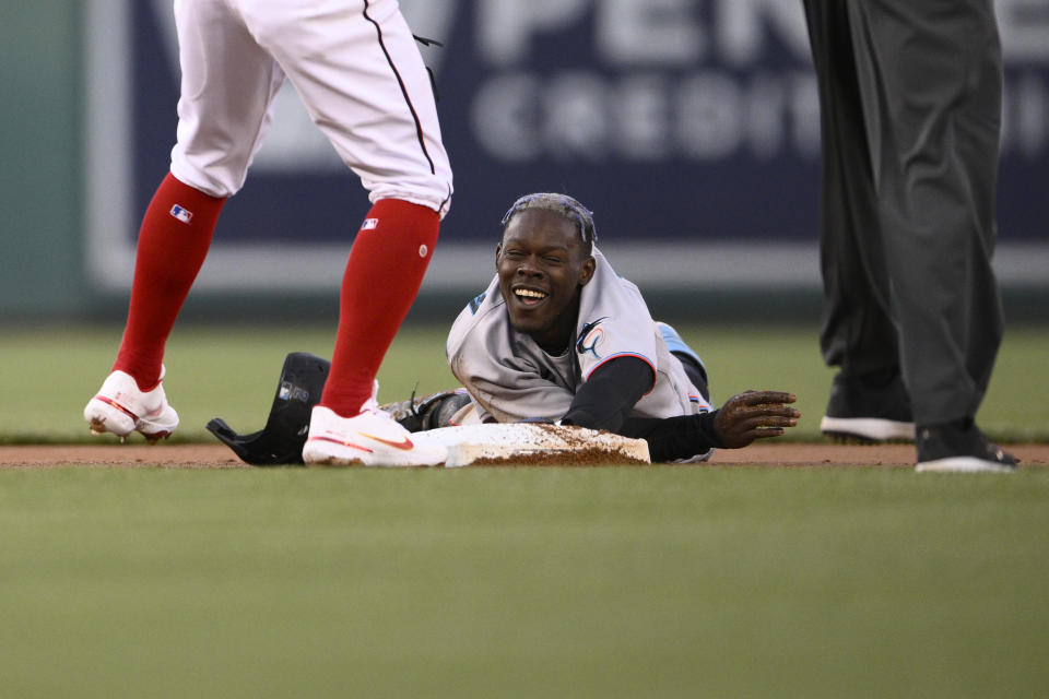 Miami Marlins' Jazz Chisholm Jr. reacts after he was out caught stealing during the first inning of a baseball game against the Washington Nationals, Wednesday, April 27, 2022, in Washington. (AP Photo/Nick Wass)