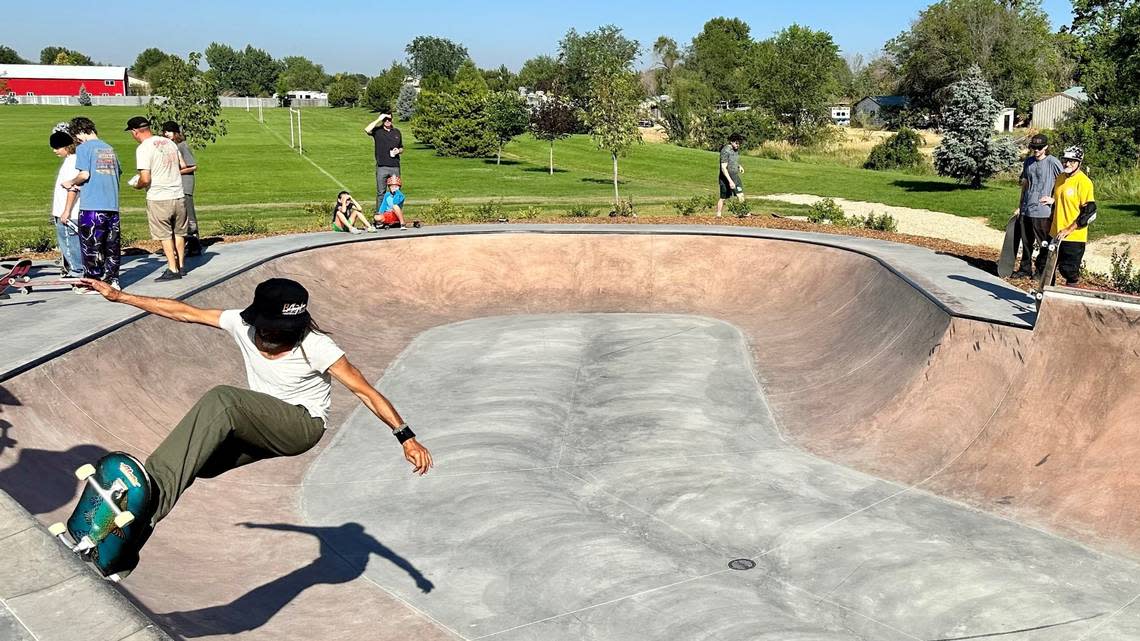 Skateboarder Tony Alva at the new skate park at Molenaar Park in Southwest Boise.