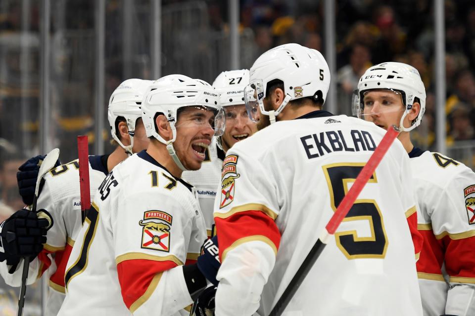 May 12, 2024; Boston, Massachusetts, USA; Florida Panthers center Evan Rodrigues (17) reacts with defenseman Aaron Ekblad (5) after a goal during the second period in game four of the second round of the 2024 Stanley Cup Playoffs against the Boston Bruins at TD Garden. Mandatory Credit: Bob DeChiara-USA TODAY Sports