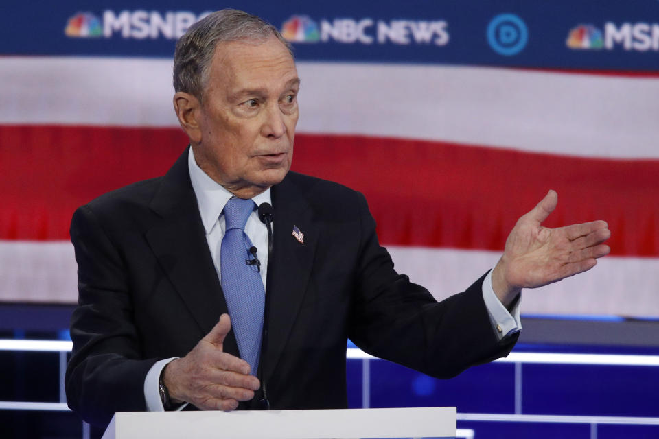 Democratic presidential candidates, former New York City Mayor Mike Bloomberg speaks during a Democratic presidential primary debate Wednesday, Feb. 19, 2020, in Las Vegas, hosted by NBC News and MSNBC. (AP Photo/John Locher)