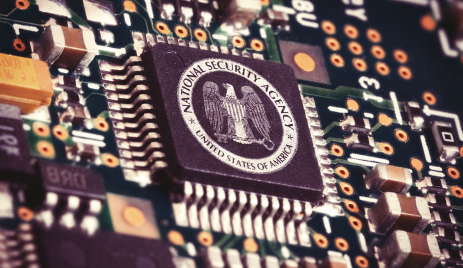  Illustration of a spying CPU inside a computer with the NSA logo on it. 