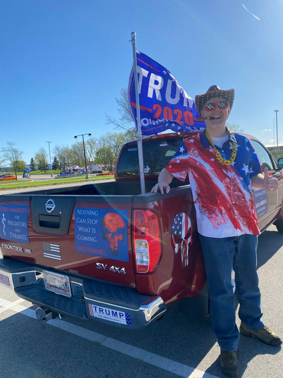 Bil Aldrich of DeForest, WI arrived to the Trump rally in Waukesha where the former president will take the stage.