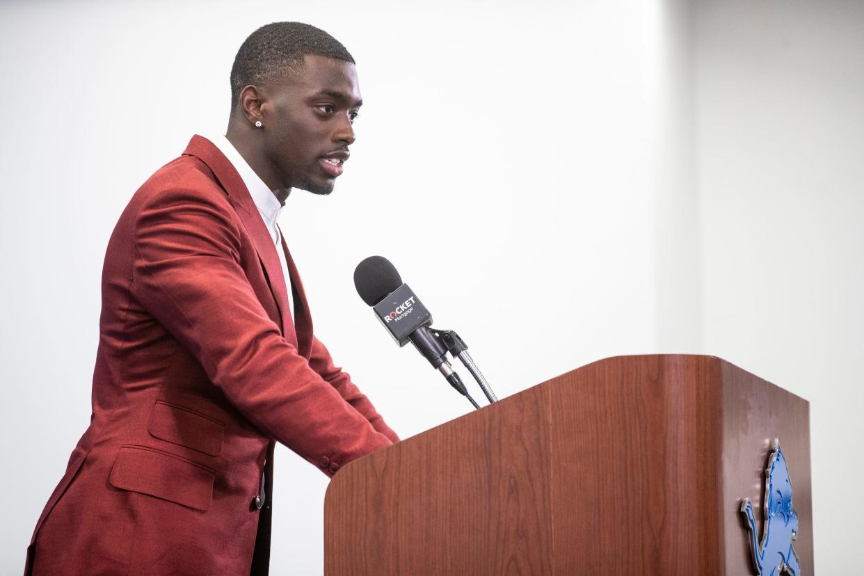 Lions first-round NFL draft pick Terrion Arnold speaks at the introductory press conference at Detroit Lions headquarters and training facility in Allen Park on Friday, April 26, 2024.