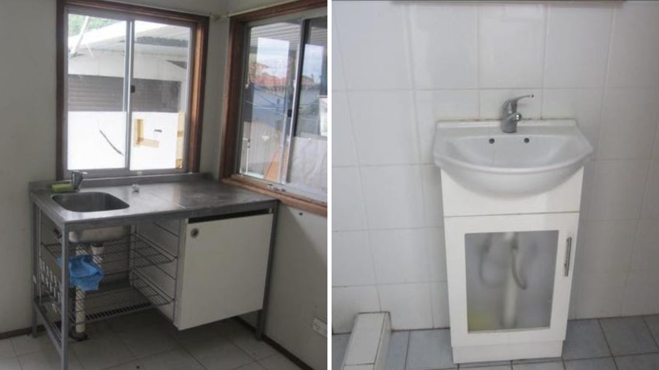 The kitchen and bathroom of the home at Cabramatta that a person on JobSeeker could afford.