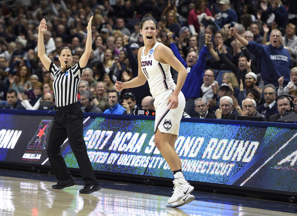 FILE - Connecticut's Kia Nurse reacts after hitting a 3-point basket in the first half of a second-round game against Syracuse in the NCAA women's college basketball tournament, Monday, March 20, 2017, in Storrs, Conn. (AP Photo/Jessica Hill, File)