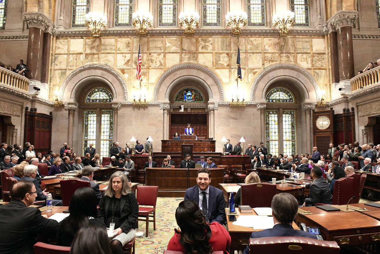 Senate Majority Leader Andrea Stewart-Cousins, D-Yonkers, speaks to members of the state Senate during opening day of the 2019 legislative session in the Senate Chamber at the Capitol on Wednesday, January 9. (Photo: ASSOCIATED PRESS)