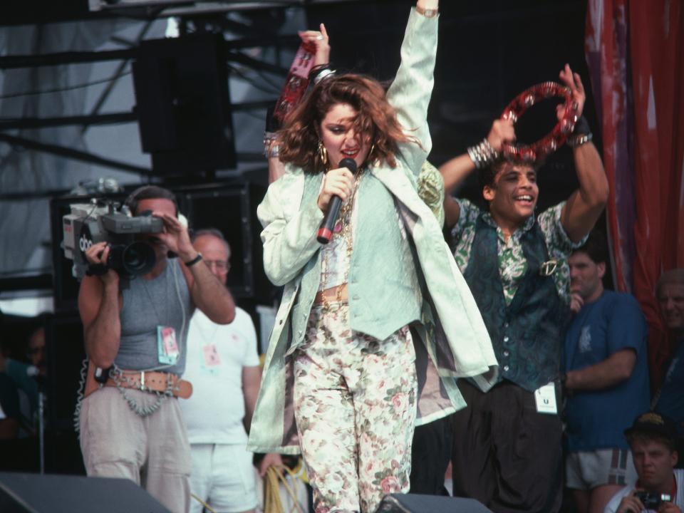Madonna takes part in the Live Aid benefit concert at the John F Kennedy Stadium in Philadelphia, USA, 13th July 1985.