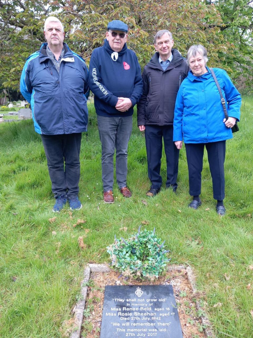 Wiltshire Times: Leslie Sheehan and Mrs Sheehan, along with Robert Wall of the Friends of The Down Cemetery, Mrs Jenny Wall, Pete Richardson, and Rick Owen of RBL Trowbridge, attended the cemetery to lay a wreath at the grave of cousins Rosie Sheehan and Renee Reid.