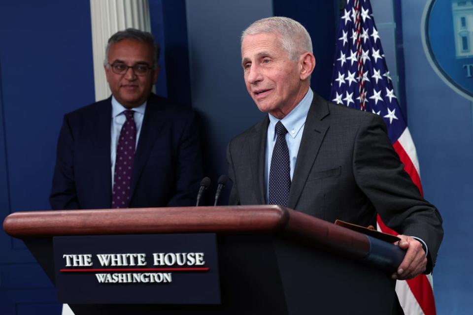 <div class="inline-image__caption"><p>Dr. Anthony Fauci, White House chief medical advisor, speaks alongside COVID-19 Response Coordinator Dr. Ashish Jha during a briefing on COVID-19 at the White House on Nov. 22, 2022 in Washington, DC.</p></div> <div class="inline-image__credit">Win McNamee/Getty Images</div>