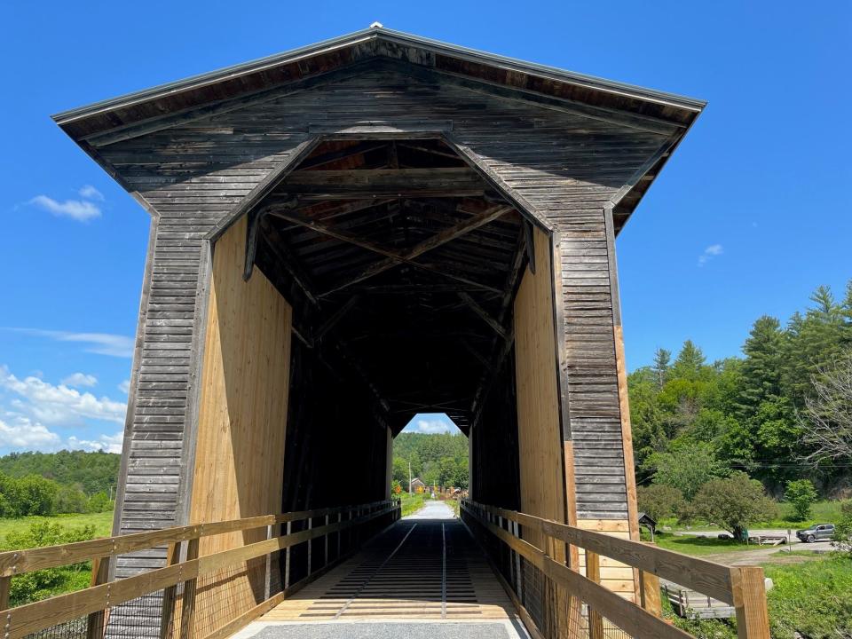 The Fisher Covered Railroad Bridge on the Wolcott to West Danville section of the Lamoille Valley Rail Trail was undergoing restoration this June.