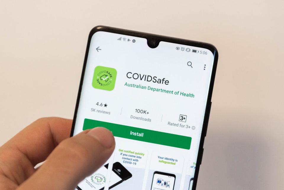 <span class="caption">The Australian government’s COVIDSafe app warns about close encounters with people who are COVID-19-positive, but unlike the Apple-Google system, COVIDSafe reports the contacts to public health authorities.</span> <span class="attribution"><a class="link " href="https://www.gettyimages.com/detail/news-photo/in-this-photo-illustration-the-covidsafe-logo-seen-news-photo/1211085440?adppopup=true" rel="nofollow noopener" target="_blank" data-ylk="slk:Florent Rols/SOPA Images/LightRocket via Getty Images;elm:context_link;itc:0;sec:content-canvas">Florent Rols/SOPA Images/LightRocket via Getty Images</a></span>