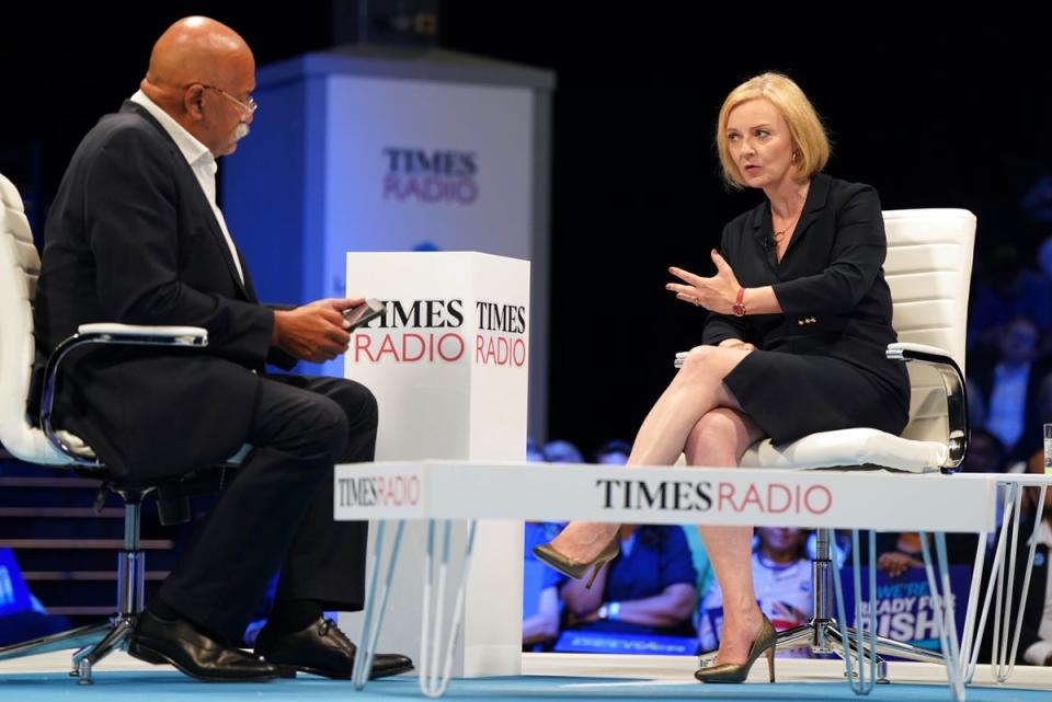 Times Radio presenter John Pienaar speaking to Liz Truss during a hustings event at the NEC in Birmingham as part of their campaign to be leader of the Conservative Party and the next prime minister (Jacob King/PA) (PA Wire)