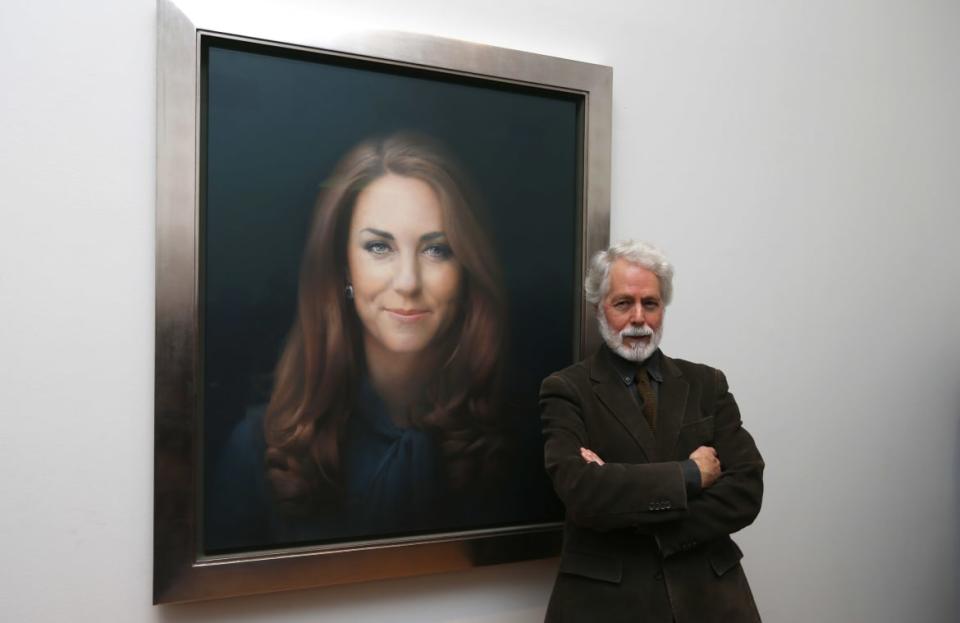 Paul Emsley poses next to hisoil painting of Britain's Catherine, Duchess of Cambridge, the first commisioned portrait of her, at the National Portrait Gallery in central London, January 11, 2013.