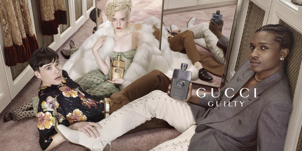 gucci guilty campaign image featuring elliot page, julia garner, a$ap rocky