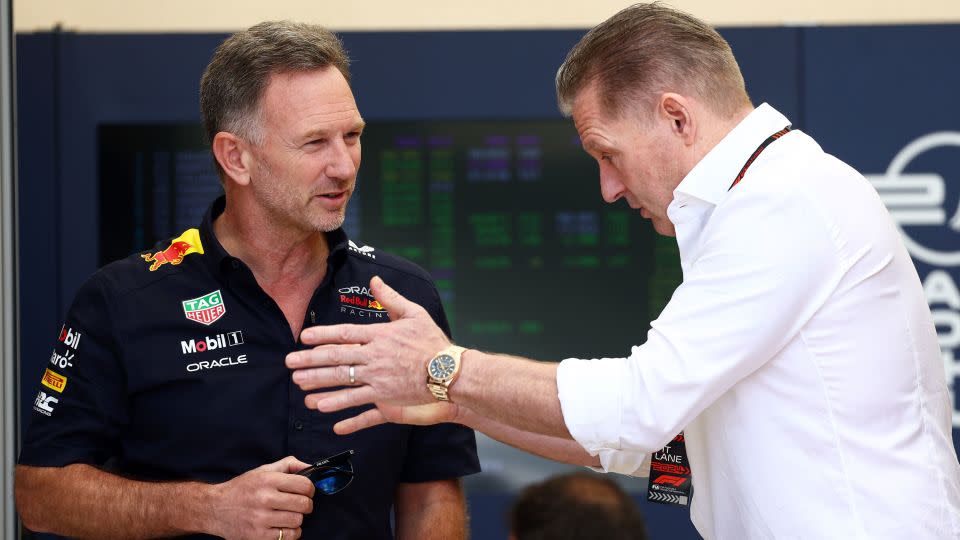Horner and Jos Verstappen in the paddock prior to practice ahead of the Bahrain Grand Prix on February 29. - Clive Rose/Getty Images