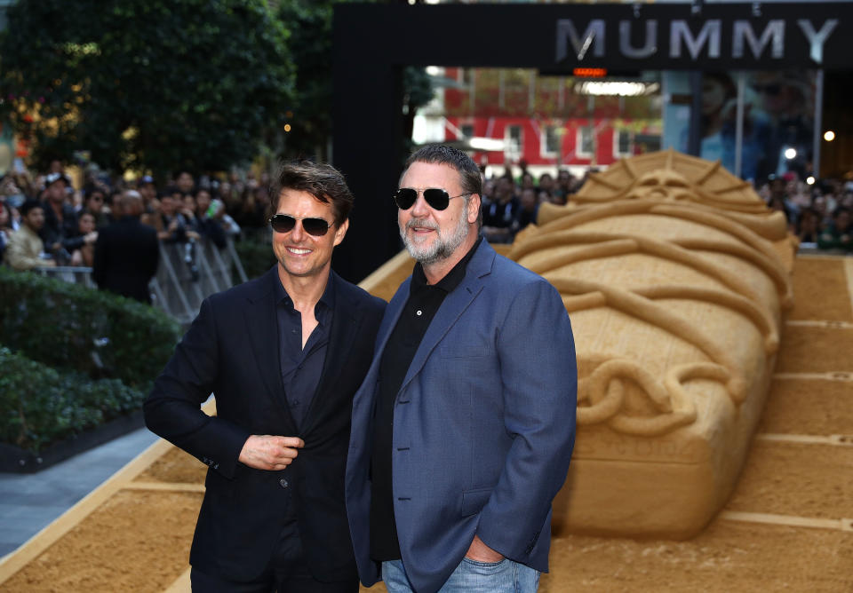 Tom Cruise and Russell Crowe at a photo call for "The Mummy" in Sydney, Australia in 2017