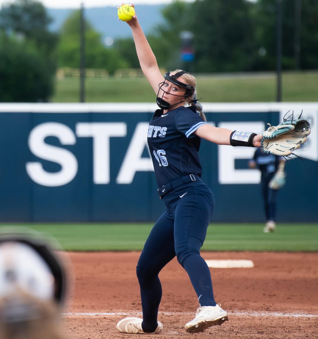 North Penn pitcher Bella Nunn delivers to a Council Rock South batter during the PIAA 6A softball championship at Nittany Lion Softball Park in State College, Pa., Friday, June 14, 2024. The Knights won 1-0 to claim their second straight state title.