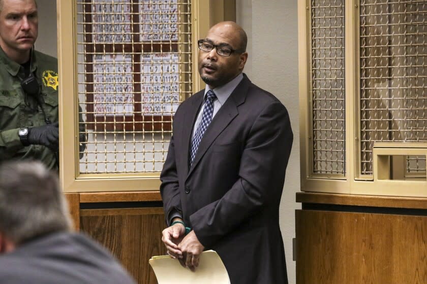 Newport Beach, CA - April 19: Jamon Buggs, accused of execution-style shootings of a man and woman, on his first day of trial in the court of Judge Gregg Prickett in Dept. H2, Harbor Justice Center on Tuesday, April 19, 2022 in Newport Beach, CA. (Irfan Khan / Los Angeles Times)