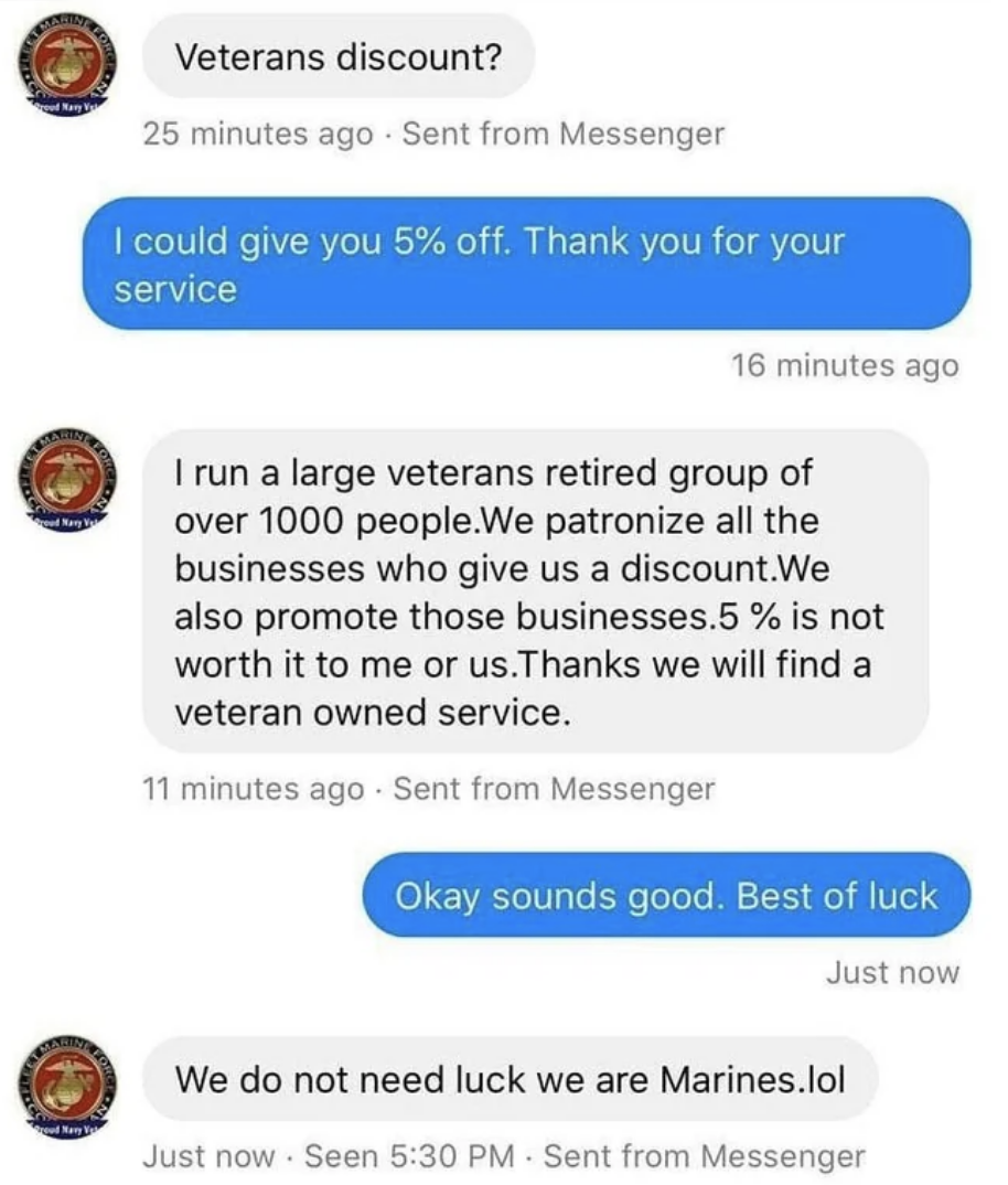 "We do not need luck we are Marines.lol"