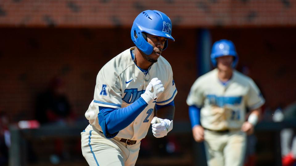 Memphis outfielder BJ Banyon (2) plays during an NCAA baseball game against Southern Illinois Edwardsville on Sunday, March 20, 2022 in Memphis. (AP Photo/Brandon Dill)