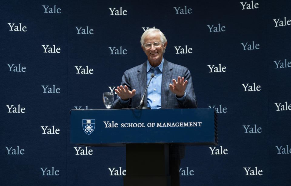 FILE - Yale University Professor William Nordhaus, one of the 2018 winners of the Nobel Prize in economics, speaks about the honor Oct. 8, 2018, in New Haven, Conn. At the G-7 summit, Germany will push its plan for countries to join together in a ‘climate club' to tackle global warming. The idea was first floated by Nordhaus, who said the voluntary nature of existing climate agreements hasn’t resulted in sufficient progress. (AP Photo/Craig Ruttle, File)