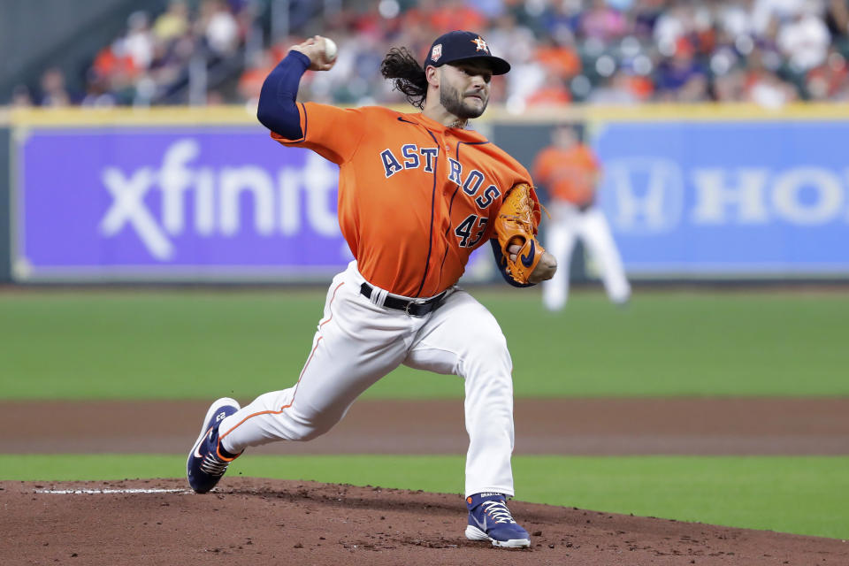 Houston Astros starting pitcher Lance McCullers Jr. throws to a Los Angeles Angels batter during the first inning of a baseball game Friday, Sept. 9, 2022, in Houston. (AP Photo/Michael Wyke)