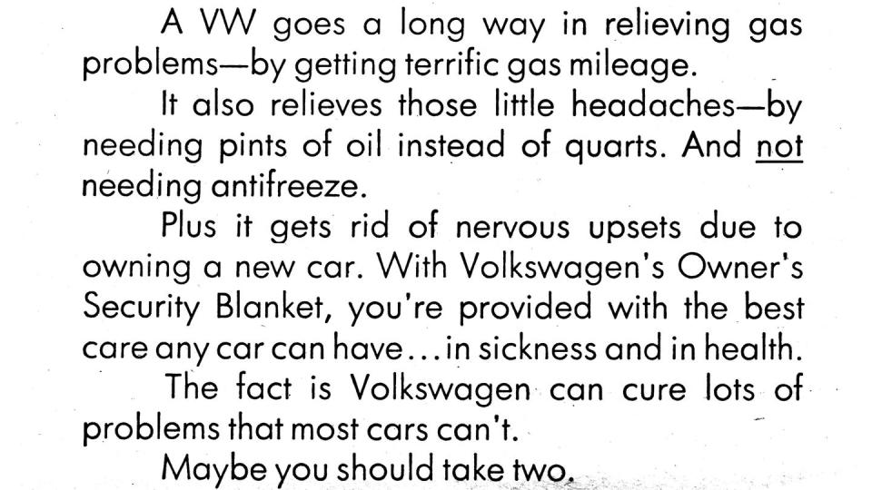 magazine advertisement for 1974 volkswagens