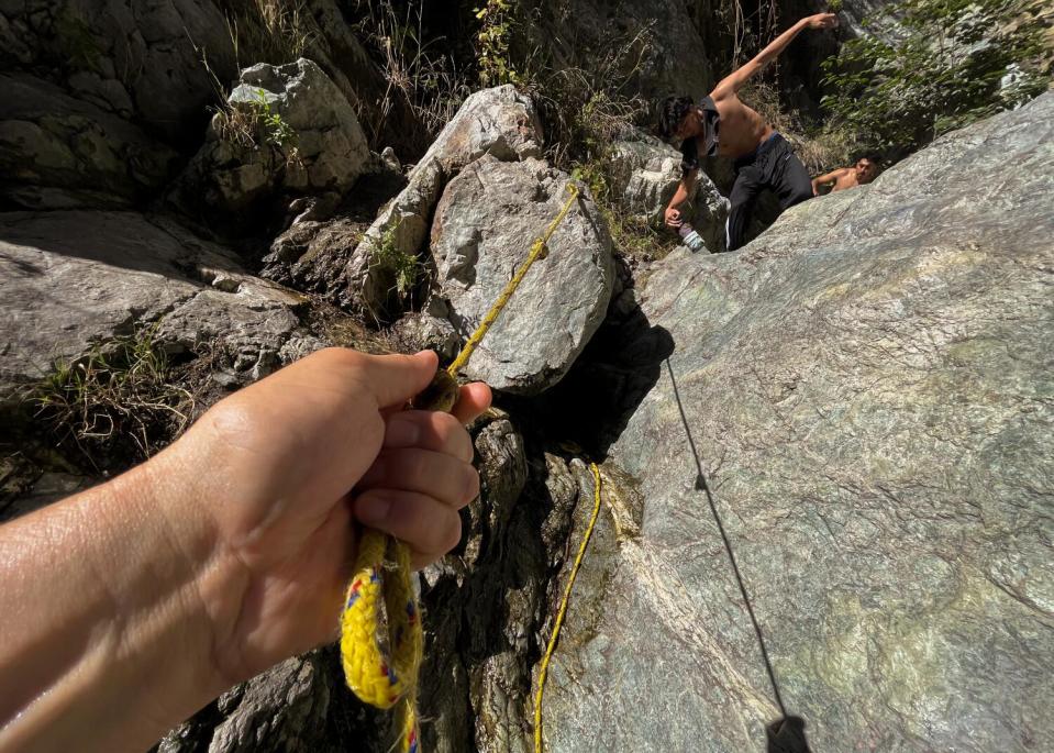 Rope is placed at strategic places to help visitors at Stoddard Canyon Falls and Slide in Mt. Baldy.