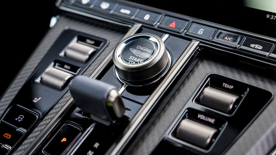 A close-up of the new center console inside the 2025 Aston Martin Vantage.