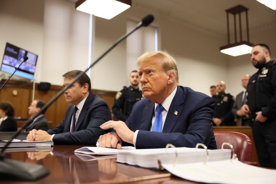 Former President Donald Trump appears at Manhattan criminal court during jury selection in New York, Thursday, April 18, 2024. (Brendan McDermid/Pool Photo via AP)