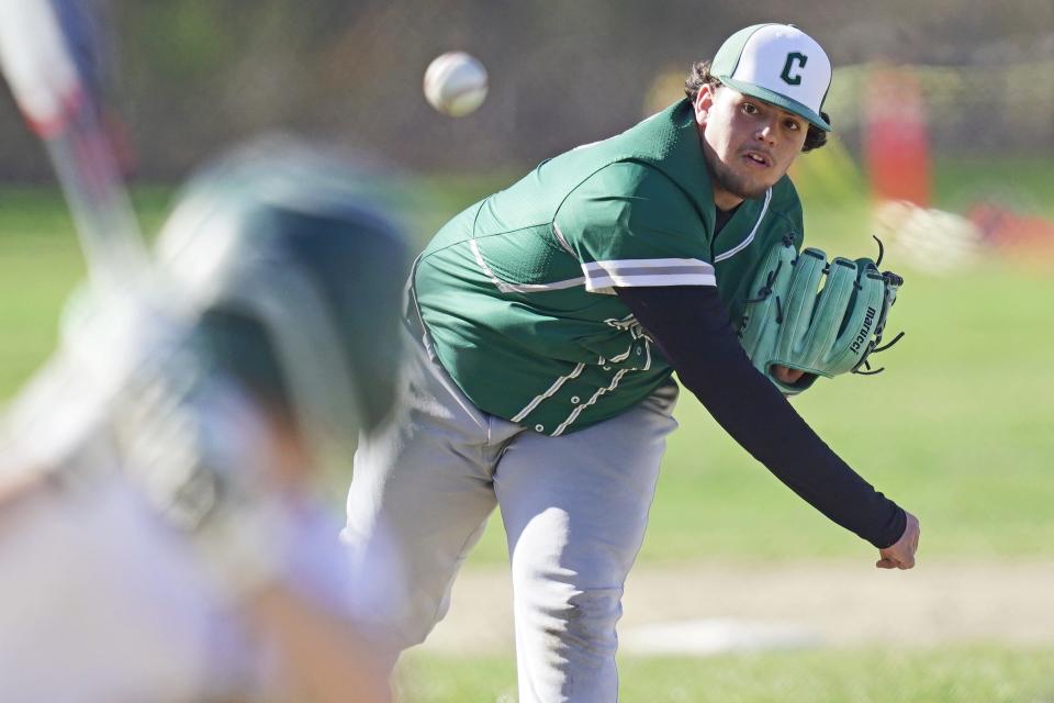 Cranston East starter John Devine, shown pitching during a game in April, tossed a three-hit shutout against North Kingstown on Friday.