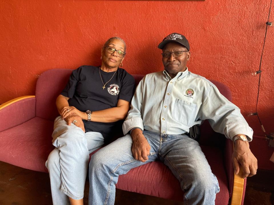 Lori Wilson (left), the recording secretary for the Westland Democratic Club, sits next to  Arthur Warren (right), who chairs the club on May 12, 2023.