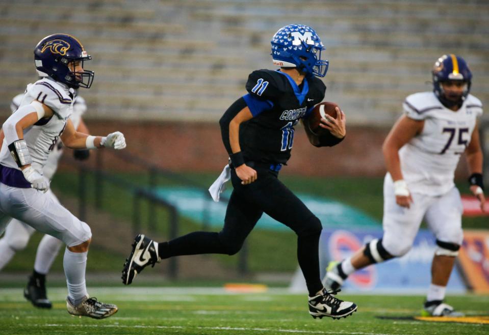 Marionville's Bryer Guerin carries the ball after making an interception as the Comets take on the North Platte Panthers in the Class 1 State Championship football game at Faurot Field in Columbia, Mo. on Friday, Dec. 1, 2023.