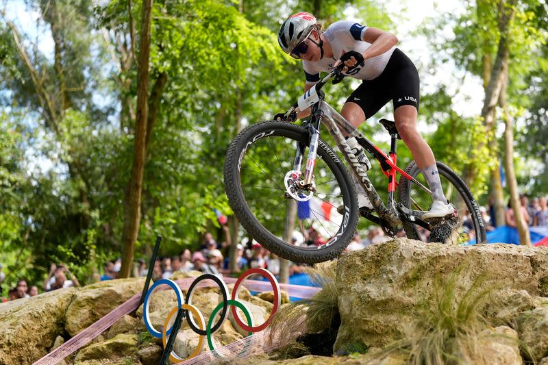 Haley Batten, of United States, competes in the women's mountain bike cycling event, at the 2024 Summer Olympics, Sunday, July 28, 2024, in Elancourt, France. | George Walker IV