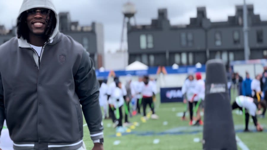 Darius Robinson, an NFL Draft prospect who grew up in Southfield, smiles during an April 24, 2024, event in Detroit hosted by the NFL, Special Olympics Michigan and Unified Flag Football Detroit.