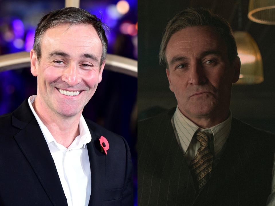 left: derek riddell smling widely in a white shirt and black blazer on a red carpet; right: riddell as chief inspector calloway, a man in a striped hisrt and tie and vest in bodies