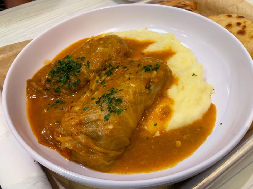 Stuffed cabbage with mashed potatoes is a staple of Balkan cuisine.