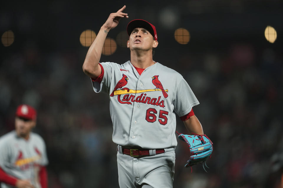 St. Louis Cardinals pitcher Giovanny Gallegos celebrates after the Cardinals defeated the San Francisco Giants in a baseball game in San Francisco, Friday, May 6, 2022. (AP Photo/Jeff Chiu)